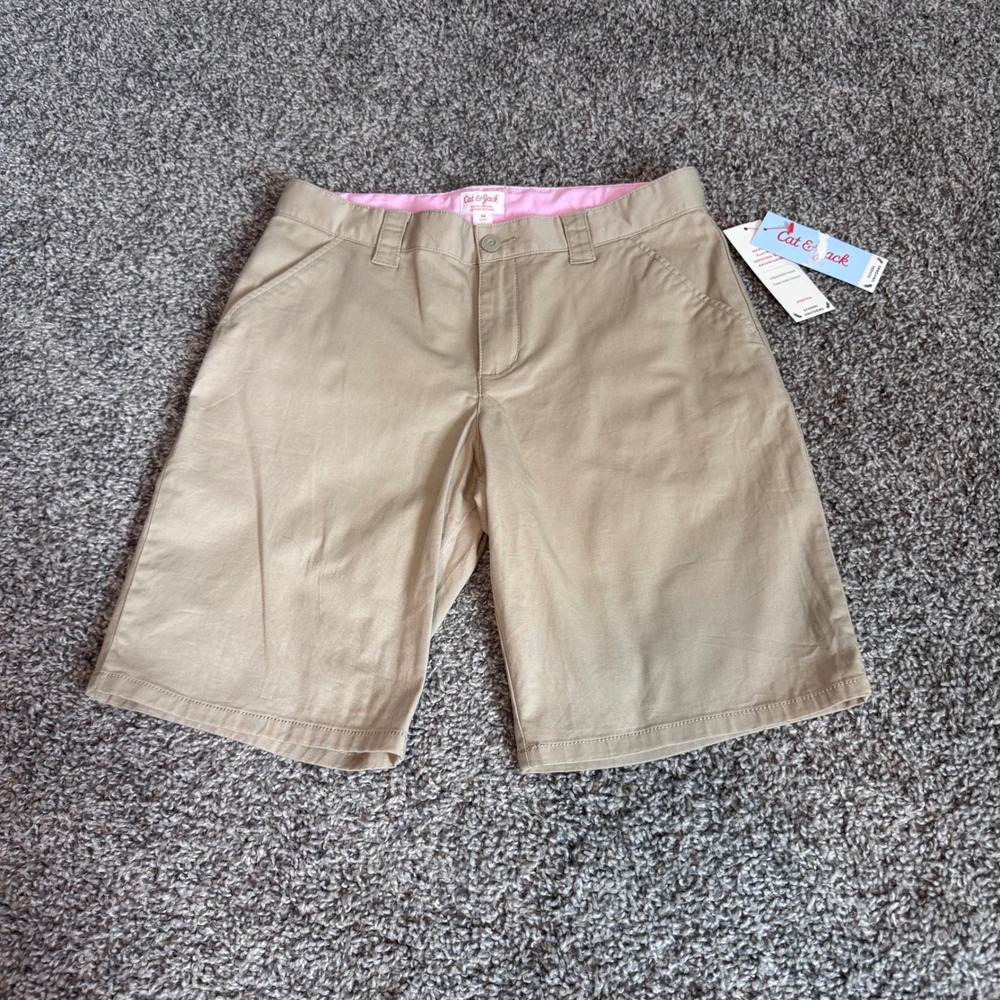 NWT Cat & Jack Girl's Uniform Shorts Beige Adjustable Waist Size 16 Cotton Blend